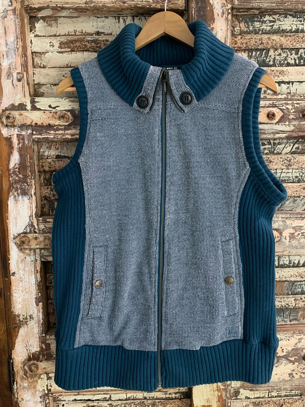 REI Teal Quilted Sweater Vest Sleeveless Ribbed Knit Button Turtleneck Womens XL